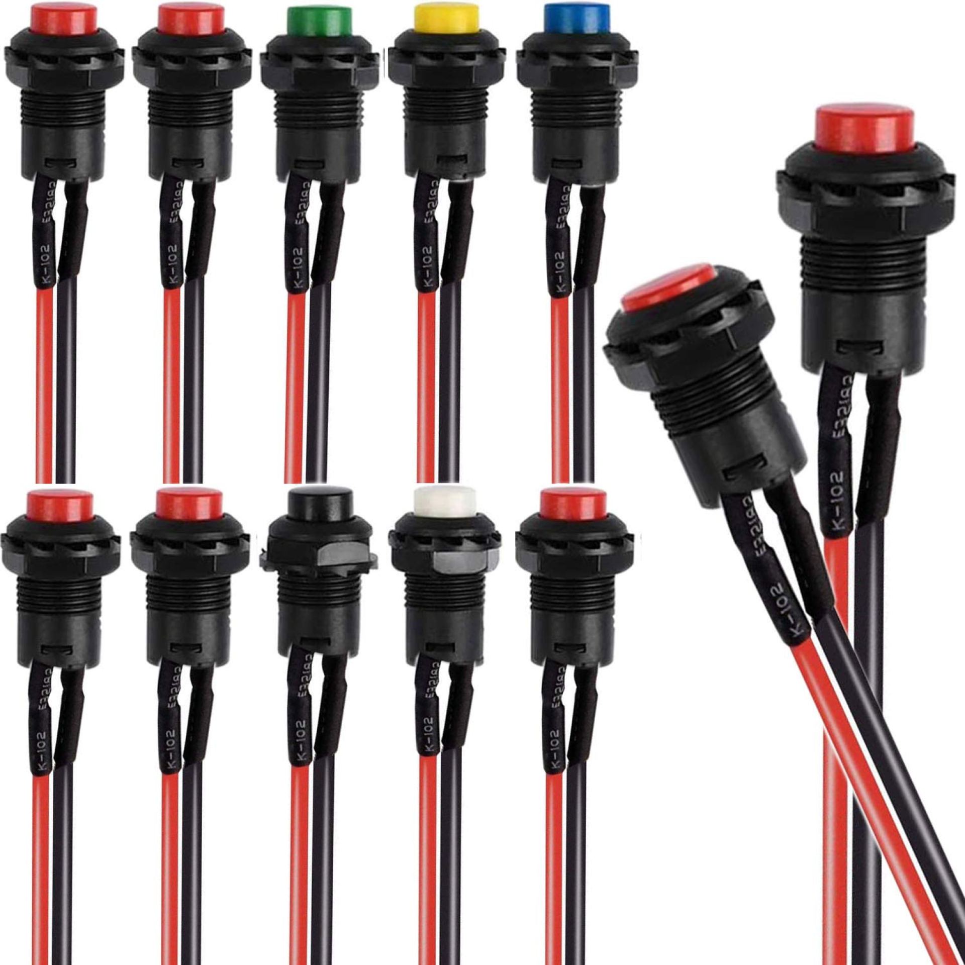 RUNCCI-YUN 10pcs 12mm Round Push Button Switch – SPST Self-Locking, Latching, 6 Colors, Pre-soldered Wires, 12V RUNCCI-YUN 10pcs 12mm Round Push Button Switch – SPST Self-Locking, Latching, 6 Colors, Pre-soldered Wires, 12V