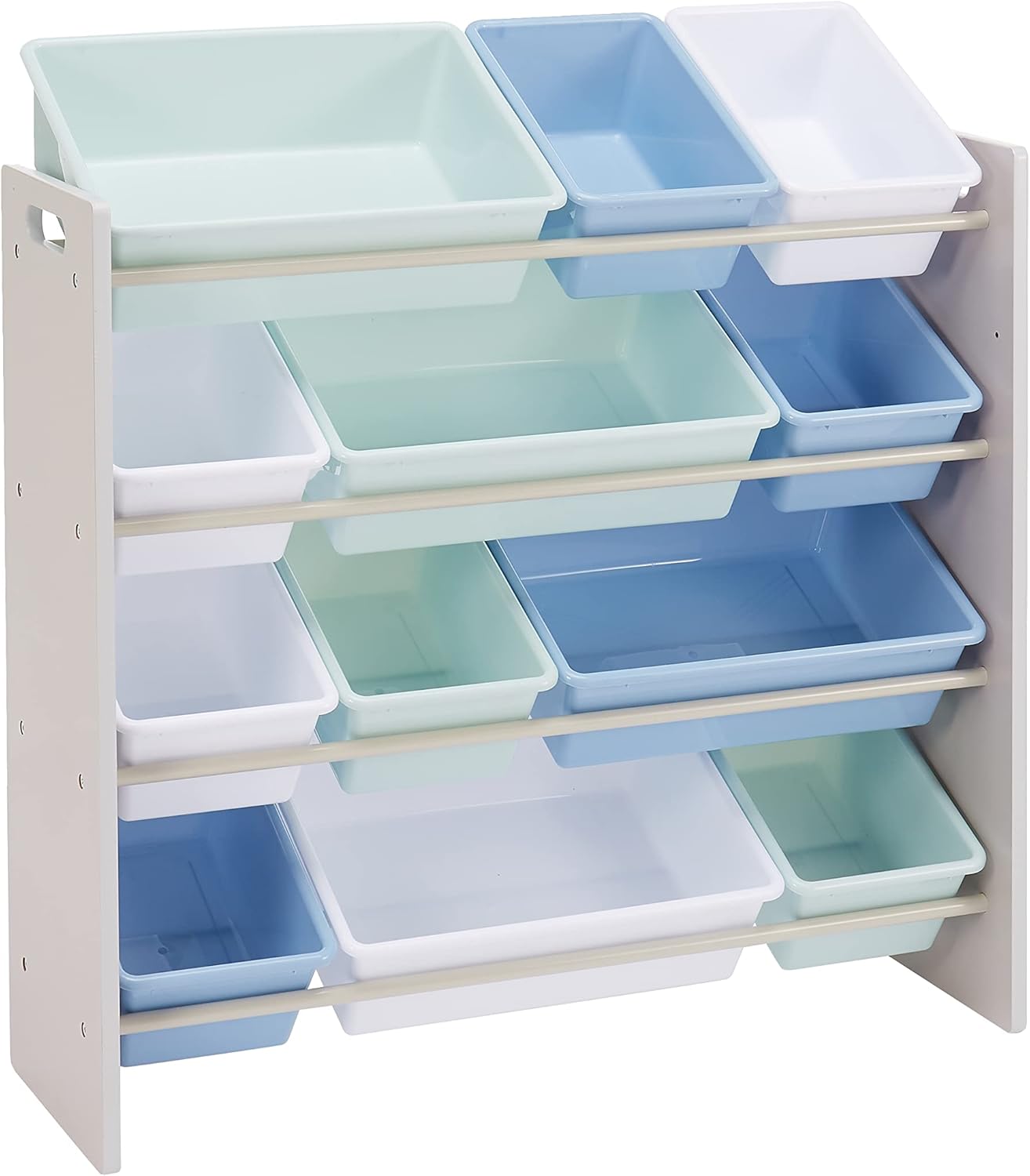Amazon Basics Kids’ Toy 4 Shelf Storage Organiser With 12 Plastic Bins, Grey Wood With Blue Bins, 27.7 D x 85.3 W x 79.0 H cm Amazon Basics Kids’ Toy 4 Shelf Storage Organiser With 12 Plastic Bins, Grey Wood With Blue Bins, 27.7 D x 85.3 W x 79.0 H cm