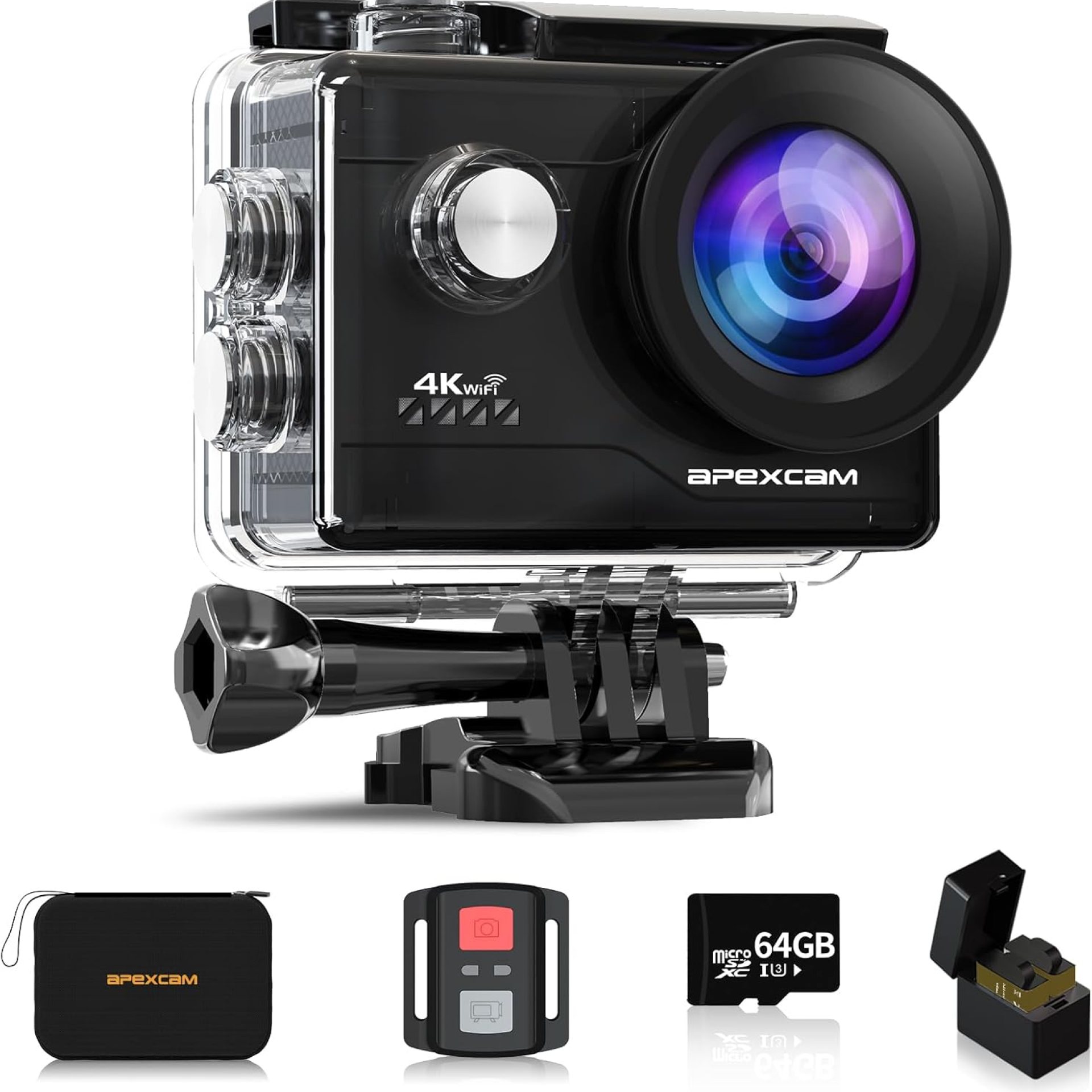 Apexcam Action Camera 4K with 64GB Memory Card WiFi Underwater Camera Waterproof 40M Sports Vlog Camera With Ultra HD 2.0’LCD 170° Wide Angle 2.4G Remote 2 x 1050mAh Batteries and Multiple Accessories Apexcam Action Camera 4K with 64GB Memory Card WiFi Underwater Camera Waterproof 40M Sports Vlog Camera With Ultra HD 2.0’LCD 170° Wide Angle 2.4G Remote 2 x 1050mAh Batteries and Multiple Accessories