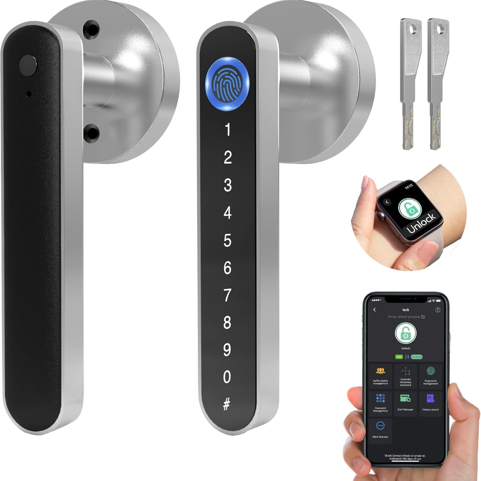 Dhiedas Smart Door Lock, 5-in-1 Indoor Electronic Fingerprint Keyboard Password Bluetooth Door Handle Lock with Keys for Home Bedroom Hotel Office Apartment – (Silver) Dhiedas Smart Door Lock, 5-in-1 Indoor Electronic Fingerprint Keyboard Password Bluetooth Door Handle Lock with Keys for Home Bedroom Hotel Office Apartment – (Silver)