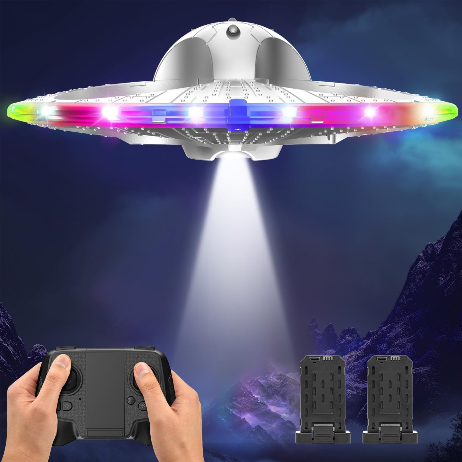 UFO Drone for Kids and Beginners, Remote Control RC Plane with Light Airplane Quadcopter Helicopter with 3D Flip, Auto Hovering, and 2 Batteries (15 Mins), Great Gift Toy for Boys and Girls UFO Drone for Kids and Beginners, Remote Control RC Plane with Light Airplane Quadcopter Helicopter with 3D Flip, Auto Hovering, and 2 Batteries (15 Mins), Great Gift Toy for Boys and Girls