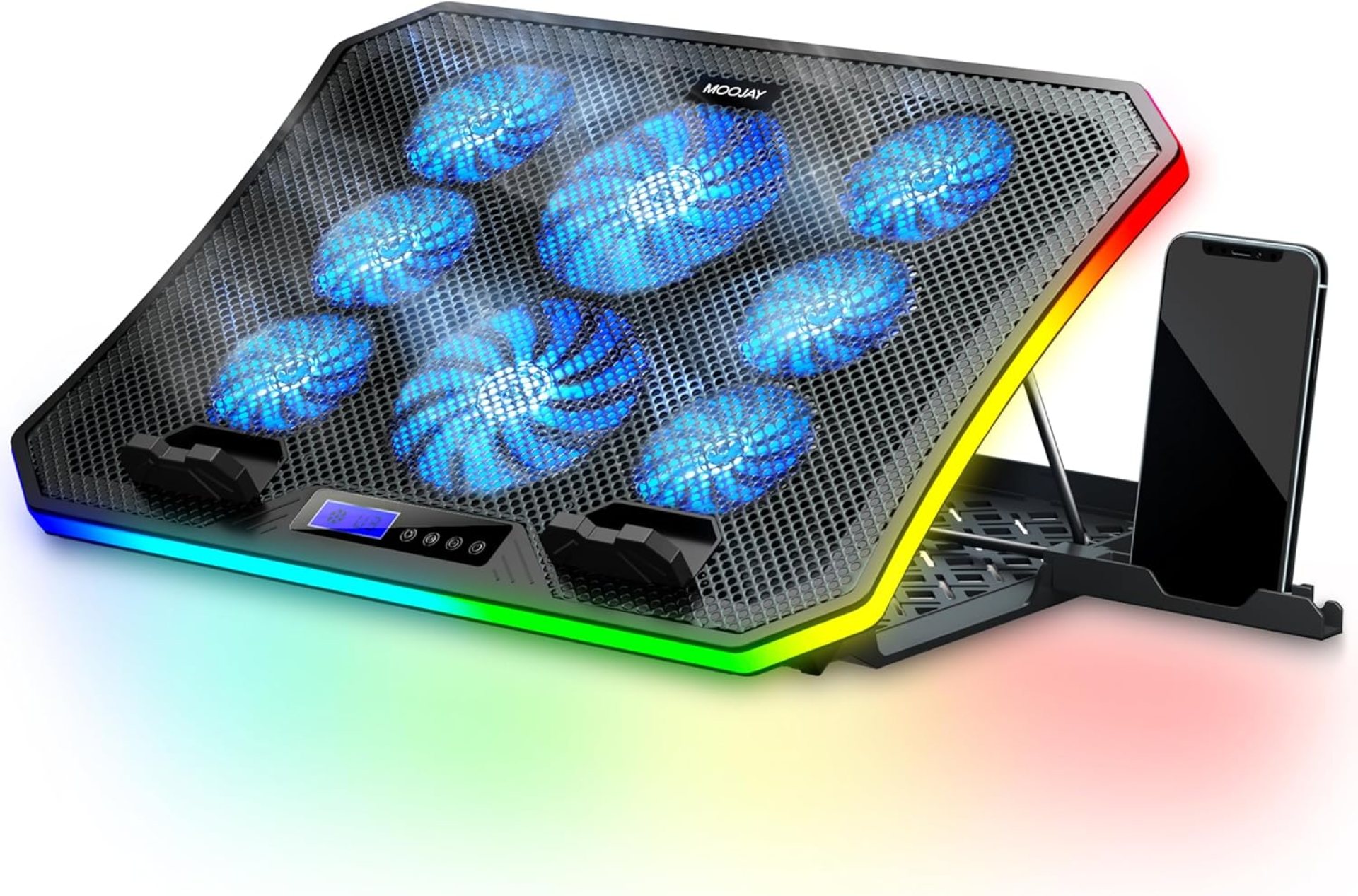 Laptop Cooling Pad RGB Gaming Notebook Cooler for Desk and Lap Use, MOOJAY Laptop Fan Stand 8 Adjustable Heights with 8 Quiet Fans and Phone Holder, for 15.6-17.3 Inch Laptops – Blue LED Light Laptop Cooling Pad RGB Gaming Notebook Cooler for Desk and Lap Use, MOOJAY Laptop Fan Stand 8 Adjustable Heights with 8 Quiet Fans and Phone Holder, for 15.6-17.3 Inch Laptops – Blue LED Light