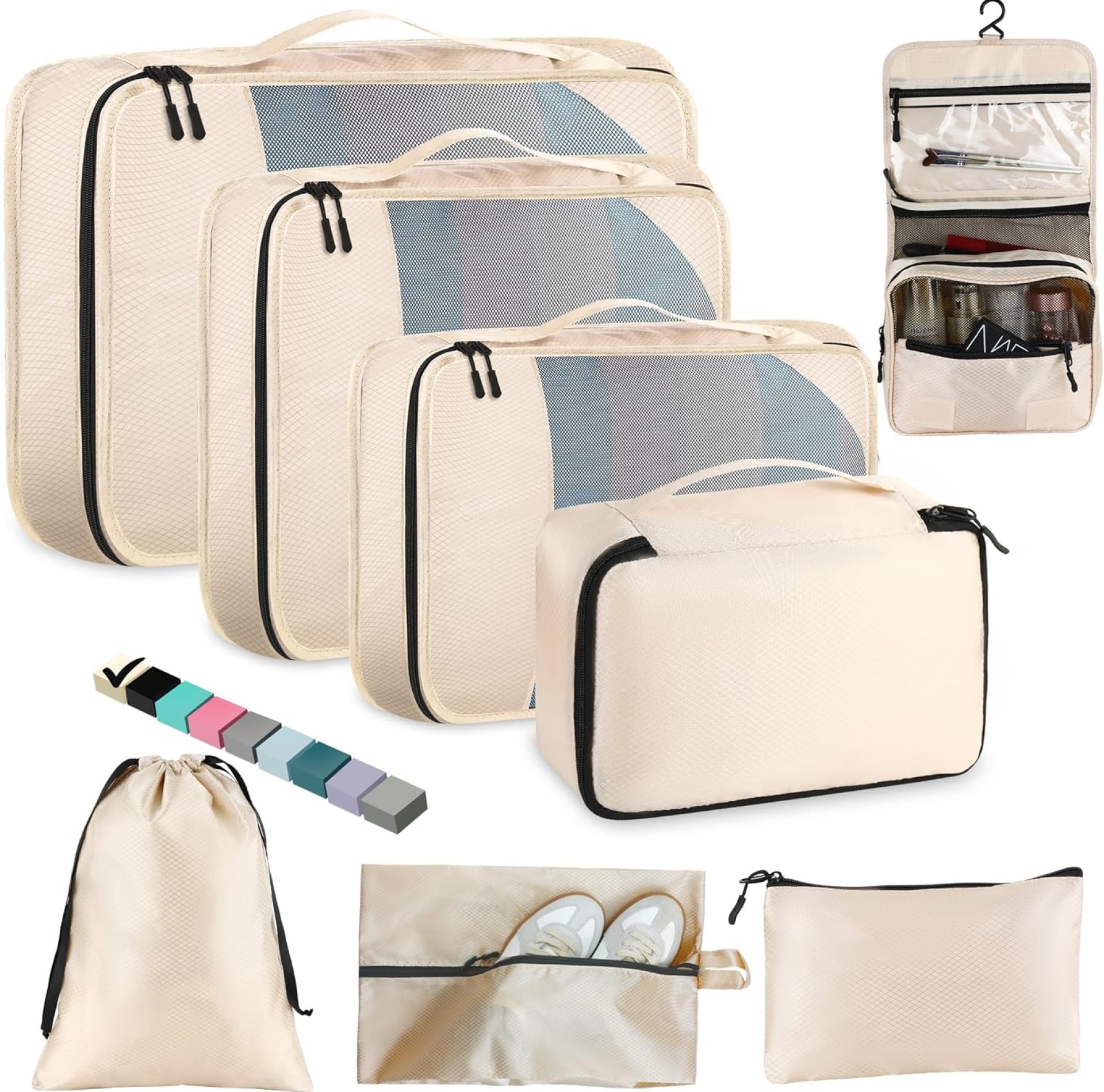 Toncoke 8 Set Packing Cubes for Travel Women Men Kids, Mesh Suitcase Organizer Bags Set for Luggage, 4 Sizes Extra Large, Large, Medium, Small, Travel Camping Essentials Accessories, Beige Toncoke 8 Set Packing Cubes for Travel Women Men Kids, Mesh Suitcase Organizer Bags Set for Luggage, 4 Sizes Extra Large, Large, Medium, Small, Travel Camping Essentials Accessories, Beige