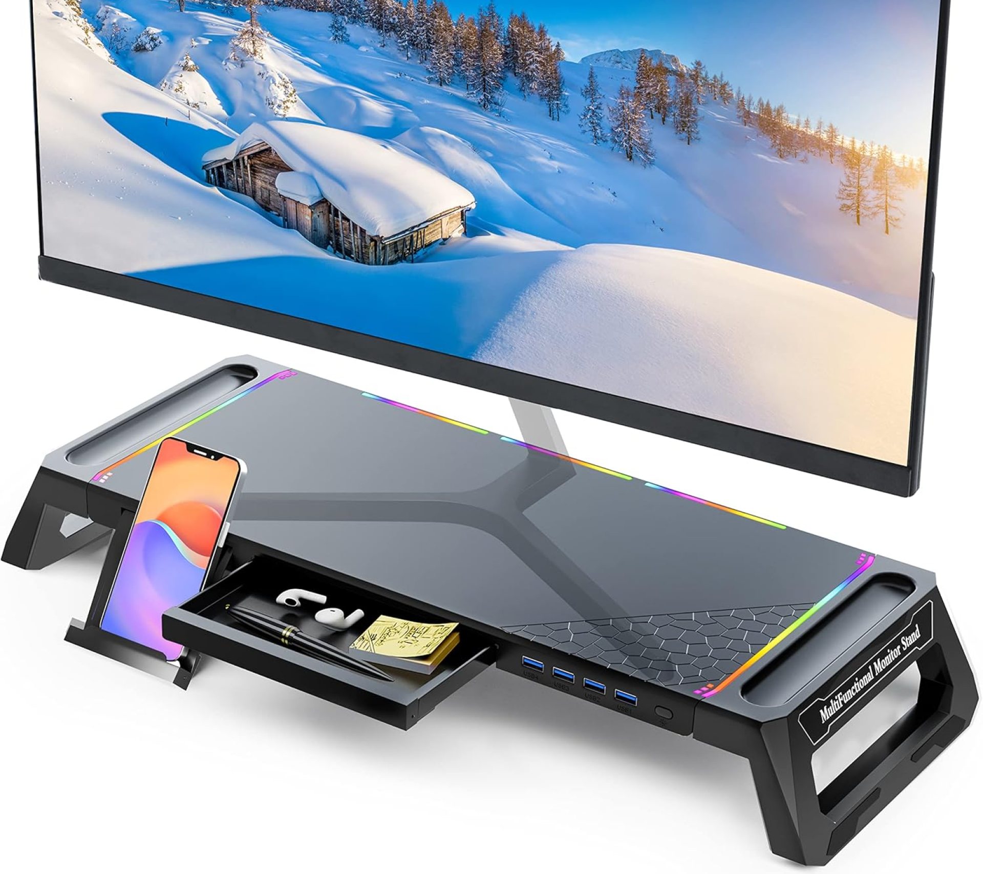 MOOJAY Monitor Stand for Desk RGB Gaming Lights with 4 USB 3.0 Hub, Foldable Computer Screen Riser with Storage Drawer and Phone Holder, Desk Organizer with Pen Tray for PC/Laptop/iMac – Black MOOJAY Monitor Stand for Desk RGB Gaming Lights with 4 USB 3.0 Hub, Foldable Computer Screen Riser with Storage Drawer and Phone Holder, Desk Organizer with Pen Tray for PC/Laptop/iMac – Black