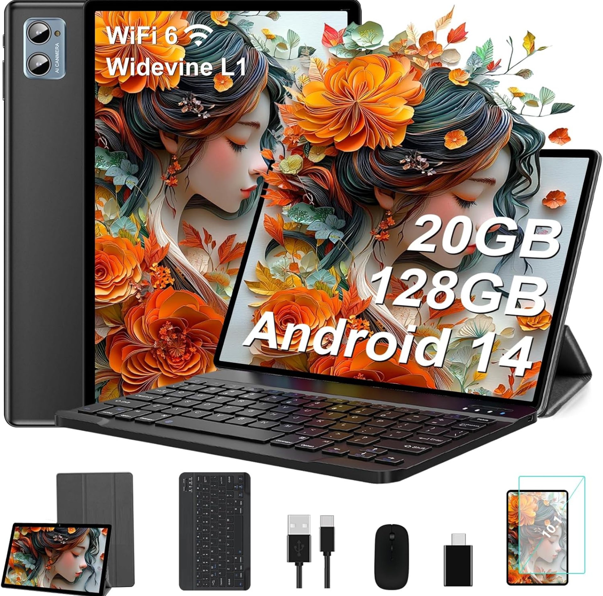 JVVQTB Tablet 10 Inch Android 14 Octa Core Tablet with 20GB RAM + 128GB ROM (1TB TF) | 5G + 2.4G WiFi | FHD | Face Recognition | GMS | 8MP + 5MP | Type C, Protective Cover, Keyboard and Mouse – Black JVVQTB Tablet 10 Inch Android 14 Octa Core Tablet with 20GB RAM + 128GB ROM (1TB TF) | 5G + 2.4G WiFi | FHD | Face Recognition | GMS | 8MP + 5MP | Type C, Protective Cover, Keyboard and Mouse – Black