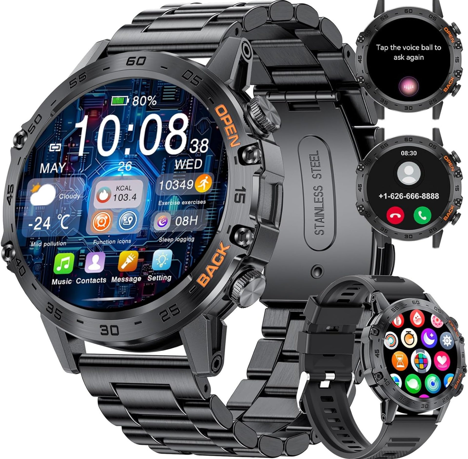 Men’s Smart Watch for Android iOS 1.39″ HD Round Dial Bluetooth Phone Call Smartwatch for Men Black Stianless Steel,Health Monitor,2 Watch Straps,400 mAh Battery,100+ Sport Modes Activity Tracker Men’s Smart Watch for Android iOS 1.39″ HD Round Dial Bluetooth Phone Call Smartwatch for Men Black Stianless Steel,Health Monitor,2 Watch Straps,400 mAh Battery,100+ Sport Modes Activity Tracker