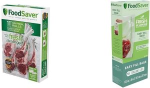 FoodSaver Vacuum Sealer Bags, Rolls for Custom Fit Airtight Food Storage and Sous Vide, 11″ x 16′ & Easy Fill 1-Gallon Vacuum Sealer Bags | Commercial Grade and Reusable | 10 Count, 1 GALLON, Clear