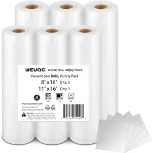 Wevac 6 Pack 11″ x 16′ and 8″ x 16′, Vacuum Sealer Bags Rolls for Food Saver, Weston, Commercial Grade, BPA Free, Heavy Duty, Great for vac storage, Meal Prep or Sous Vide