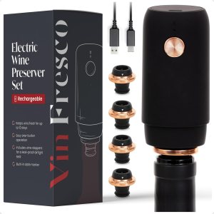 Electric Wine Preserver – Rechargeable Vacuum Saver With Airtight Seal – Automatic Air Remover Pump for 10 Days of Flavor & Freshness – Preservation System (Black & Rose Gold)