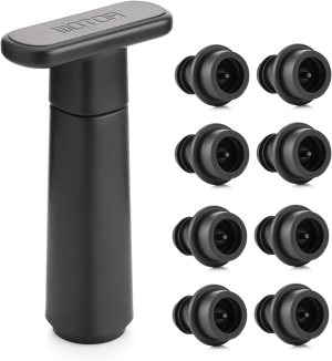 Wine Saver Vacuum Pump with 8 Stoppers, Wine Stopper & Preserver, Reusable Bottle Sealer Keeps Fresh, Ideal Accessories Gift (Flat Handle)