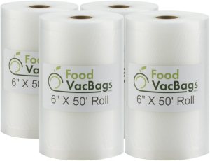 Four 6″ X 50′ Rolls of FoodVacBags Commercial Grade Vacuum Sealer Bags, FoodSaver Compatible, Sous Vide Cooking Storage Pouches
