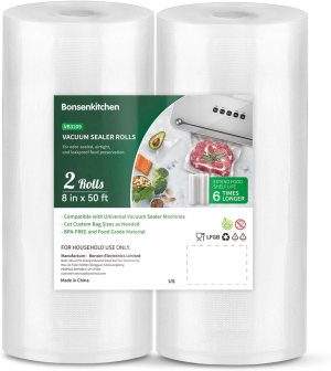 Bonsenkitchen Vacuum Sealer Bags, 8″ x 50′ Rolls 2 pack for Food Storage Saver, Bpa Free, Heavy Duty, Commercial Grade Textured Food Roll, Customized Size Bag for Sous Vide Cooking,VB3209