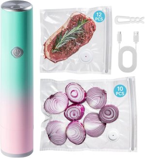 Vacuum Sealer, Handheld Compact Vacuum Sealer, Vacuum Pump for Food Fresh & Save Meal Prep Sous Vide, Portable Cordless Sealer Machine for Travel, with 22 Reusable Vacuum Bags, Green