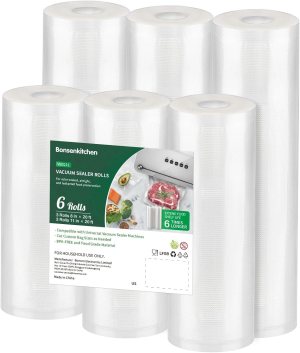 Bonsenkitchen Vacuum Sealer Rolls Bags, 6 Pack 3 Rolls 11″ x 20′ + 3 Rolls 8″ x 20′ Commercial Grade BPA Free Bag Rolls, Durable Customized Size Food Vac Bags for Storage and Sous Vide Cooking VB3211