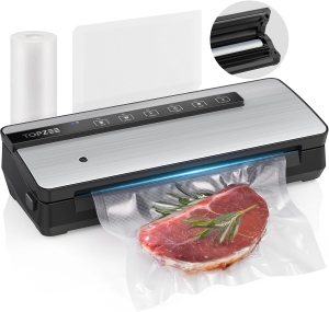 Vacuum Sealer for Food – 90kpa Vacuum Sealer Machine with Bags Storage and Built-in Cutter, Food Sealer with External Vac Function, Dry Moist Modes, Bag Roll included, Stainless Steel