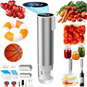 Vacuum Sealer for Food – Mason Jars Vacuum Sealer Machine with 10 Reusable Lids&10 Vacuum Bags – All-IN-1 Cordless Handheld Sealer 60kPa food saver for Sealing Meats Vegetables Fruits