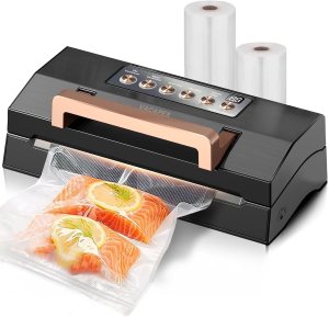 2025 Black Stainless Steel Food Vacuum Sealer, VACAPEX Deluxe Vacuum Sealer Machine with 11″ Double Heat Seal and Automatic One-Touch System, Bags Storage & Cutter, Easy-Lock Handle with 2 Bag Rolls