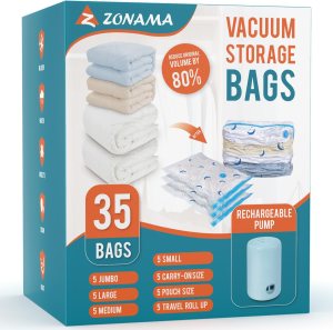 Vacuum Storage Bags with Electric Pump, 35 Pack Vacuum Sealed Bag with 1500mAh Rechargeable Battery for Clothes, Blanket, Duvets, Pillows, Comforters, Travel