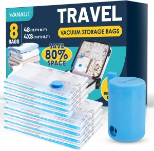 Vacuum Storage Bags for Travel, 8 Pack (4S+4XS) Vacuum Seal Bags with Wireless Rechargeable Electric Pump, Travel Essentials Space Saving Bag for Clothes, Luggage, Carry-on Suitcase, Backpack, Trip