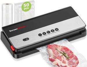Bonsenkitchen Vacuum Sealer Machine, Multi-Functional Food Sealer, Built-in Cutter & Bag Storage, Globefish Technology for High-Speed Continuous Working, Include 50 Vacuum Bags & 1 Roll Bag, Black