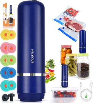 HSLGOVE Vacuum Sealer, Handheld Electric Mason Jar Vacuum Sealer Kit for Food with Reusable Airtight Bags&Lids-Navyblue
