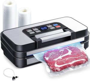 95Kpa Powerful Precision Pro Vacuum Sealer, with 10-in-1 Functions, Easy-Lock Handle, Double Heat Seal & Double Pump, Vacuum Sealer Machine for Food with Bags Storage, Built-in Cutter, Stainless Steel
