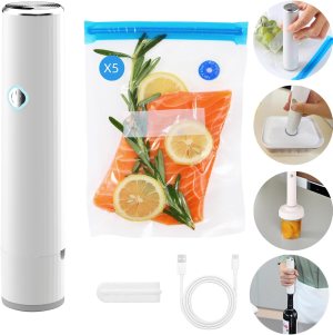 Compact Vacuum Sealer, Handheld, Portable, Broad Compatibility with Vacuum Bags/Containers/Wine Stoppers/Jar Sealers, Rechargeable, Preserve Food Fresh 5X Longer, With 5 Reusable Bags