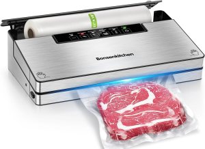 Bonsenkitchen Vacuum Sealer Machine, Powerful Stainless Steel Food Sealer with 5 Modes, Built-in Cutter & Bag Storage,Globefish Technology for High-Speed Continuous Working, Include 1 Bag Roll