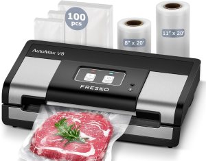 Fully Automatic Vacuum Sealer, 95Kpa Powerful Food Vacuum Sealer Machine, Auto Dry-Wet Detection | Bag Cutter | 2 Rolls Bags & 100 Pcs Precut Bags | Effortless Operation, Silver – Black