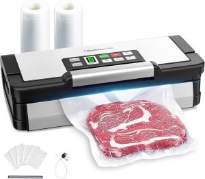 Precision Vacuum Sealer Machine, 90Kpa Commercial Full Automatic Food Sealer, 2X Seal&130W Powerful Food Preservation System with Handle,Built-in Cutter&Bags Storage&Hose,2 Bags Rolls,Stainless Steel