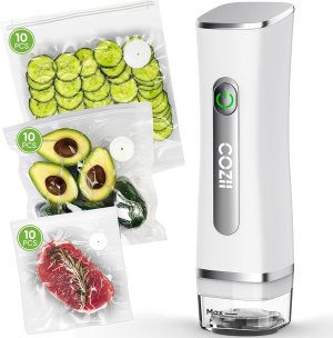 COZII Vacuum Sealer for Food with Visible Water Tank, Powerful Handheld Saver Compact Vacuum Sealer Machine with 30 Reusable Bags for 6X Preservation & Fresh,Portable Food Sealer