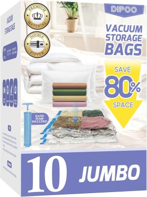 10 Pack Jumbo Vacuum Storage Bags with Hand Pump, 80% Storage Space Saving, Sturdy Leak-Free Space Saver Vacuum Seal Bags for Clothing, Vacuum Compression Bags for Travel Lugggage Blankets Comforters