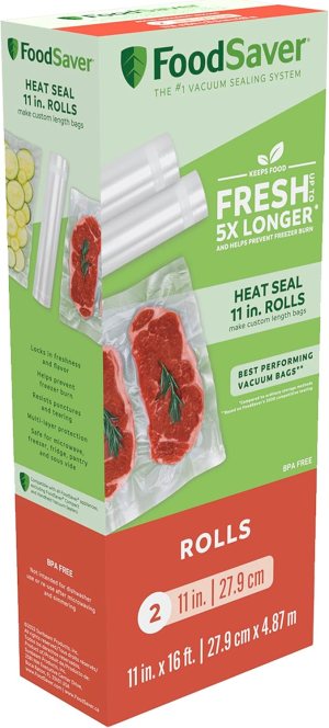 FoodSaver 11″ x 16′ Vacuum Seal Rolls with BPA-Free Multilayer Construction for Food Preservation, 2-Pack