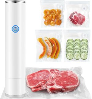 Vacuum Sealer for Food – Rechargeable Handheld Food Vacuum Saver with 10 Pcs Sealer Bags, Vacuum Sealer Machine for Meals Preservation & Fresh – White