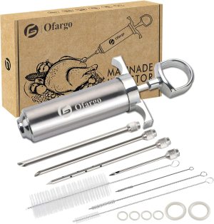 304-Stainless Steel Meat Injector Syringe Kit with 4 Marinade Needles for BBQ Grill Smoker, 2-oz Large Capacity, Both Paper User Manual and E-Book Recipe