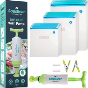 Sous Vide Bags with Pump, 15 Bags pt, qt, gal Reusable Vacuum Seal Bags for Food, 2 Clips, Commercial Grade, Heavy Duty, BPA Free, Great for vac storage and sous vide cooking