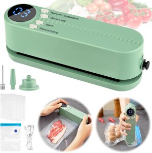 Mini Vacuum Sealer for Food, 3 in 1 Cordless Rechargeable Food Sealer for Dry/Moist Food Storage with 4 Snack Bags, Heat Sealer for Chip Bags, Inflation Pump for Balls/Swim Ring – Green