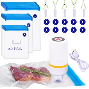 42 PCS Sous Vide Vacuum Sealer Set – 30 Reusable Bags, 5 Clips and Sealing Clips for Anova, Joule Cookers