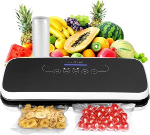 NutriChef Food Vacuum Sealer Machine – Automatic Air Sealing System for Dry & Moist Foods, LED Touch Controls, Includes Vacuum Bags, Hose & Wine Stopper, High Suction Power, 14″x6″x3″, Black