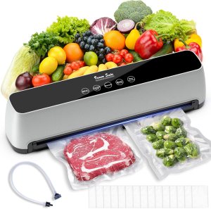 Vacuum Sealer, Compact 80 Kpa One-Touch Full Automatic Vacuum Sealer with LED Touch Screen Indicator Lights, 15 Seal Bags & 1 Air Suction Hose, Air Sealing System for Food Storage Dry/Moist Modes