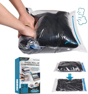 Compression Bags for Travel – Travel Essentials – 24 Pack Space Saver Bags – No Vacuum Needed – Compression Packing Bags for Cruise Accessories