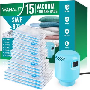 Vacuum Storage Bags with Electric Air Pump, New Air Valve Combo 15 Pack Space Saver Bag, Vacuum Sealer Bags for Clothes, Blanket, Duvets, Pillows, Comforters, Travel, Two Compressing Ways