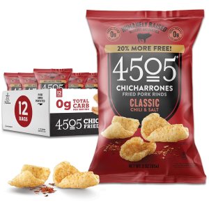 4505 Classic Seasoned Chicharrones, Fried Pork Rinds – Classic Chili & Salt Flavored Pork Skins – Low Carb, Gluten-Free, Protein Snack – 3oz (Pack of 12)