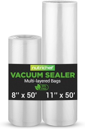 NutriChef Vacuum Sealer Bags for Food 8” x 50’ & 11″ x 50′ (2 Rolls, 100’ Total) – Works with All Sealers, BPA-Free, Heavy-Duty, Multi-Layered – Freezer, Microwave & Sous Vide Safe