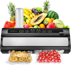 NutriChef Food Vacuum Sealer Machine, Stainless Steel & ABS Body, Automatic Sealing System for Dry and Moist Foods, LED Touch Controls, Includes Bags, Hose & Roll Cutter, 110W Suction Power, 14″x6″