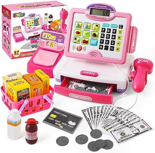 Pretend Play Calculator Cash Register Toy Gift for Kids Girls Age 3, 4, 5, 6, 7, 8+ Year Old, 57 Pcs Pink Grocery Store Playset, Incl Microphone, Credit Card, Scanner, Fake Food, Play Money for Kids Pretend Play Calculator Cash Register Toy Gift for Kids Girls Age 3, 4, 5, 6, 7, 8+ Year Old, 57 Pcs Pink Grocery Store Playset, Incl Microphone, Credit Card, Scanner, Fake Food, Play Money for Kids