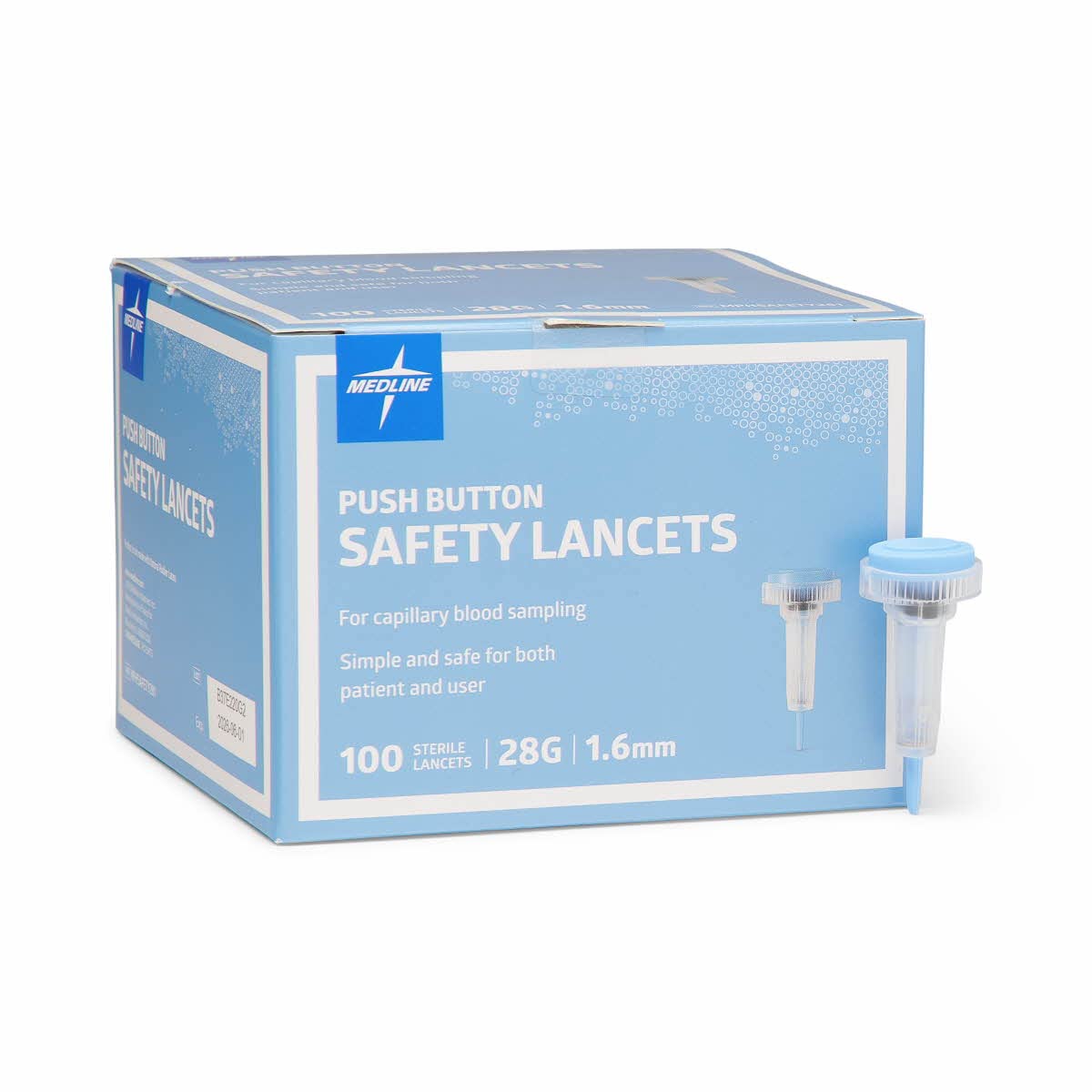 Medline Sterile Safety Lancets, Push-Button Activation, Blood Glucose Testing, Controlled Penetration, 28G x 1.6 mm, 100 Count Medline Sterile Safety Lancets, Push-Button Activation, Blood Glucose Testing, Controlled Penetration, 28G x 1.6 mm, 100 Count
