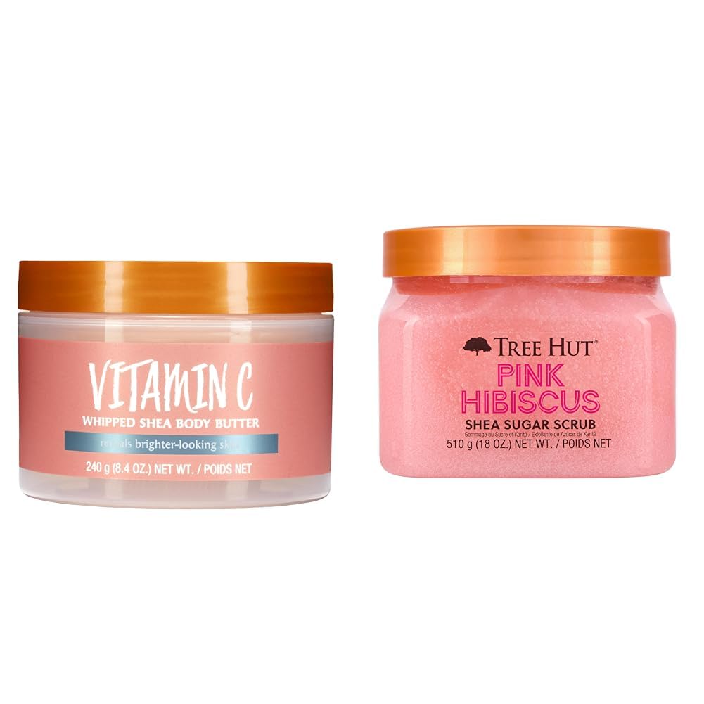 Tree Hut Whipped Shea Butter and Pink Hibiscus Sugar Scrub Skin Care Bundle, 8.4oz Butter with Vitamin C and 18oz Scrub Tree Hut Whipped Shea Butter and Pink Hibiscus Sugar Scrub Skin Care Bundle, 8.4oz Butter with Vitamin C and 18oz Scrub