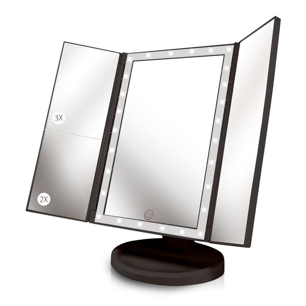 Backlit Makeup Vanity Mirror 36 LED Lights Touch-Screen Light Control, Tri-Fold 1/2/3X Magnification, Portable High-Definition Cosmetic Magnifying Personal Makeup Mirrors (Midnight Black) Backlit Makeup Vanity Mirror 36 LED Lights Touch-Screen Light Control, Tri-Fold 1/2/3X Magnification, Portable High-Definition Cosmetic Magnifying Personal Makeup Mirrors (Midnight Black)