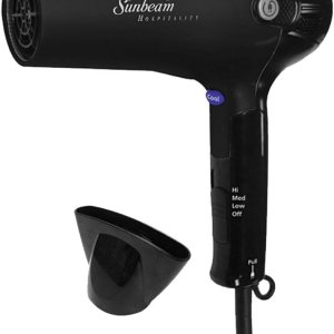 Sunbeam HD3010-005 Retractable Cord Folding Handheld Hair Dryer with Concentrator, 1875 Watts, Cool Shot Button, Tourmaline Ionic, Black